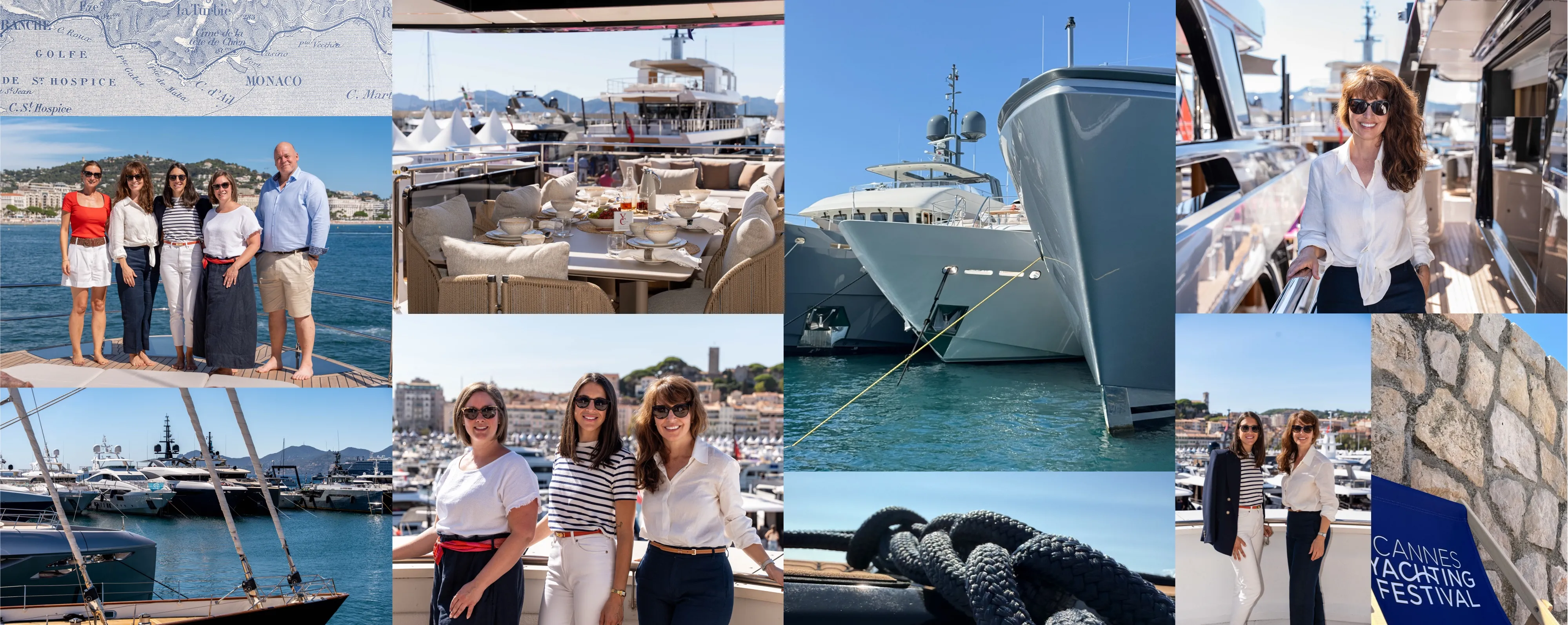 Mosaïque d'images de l'équipe et de yachts au Festival de Cannes