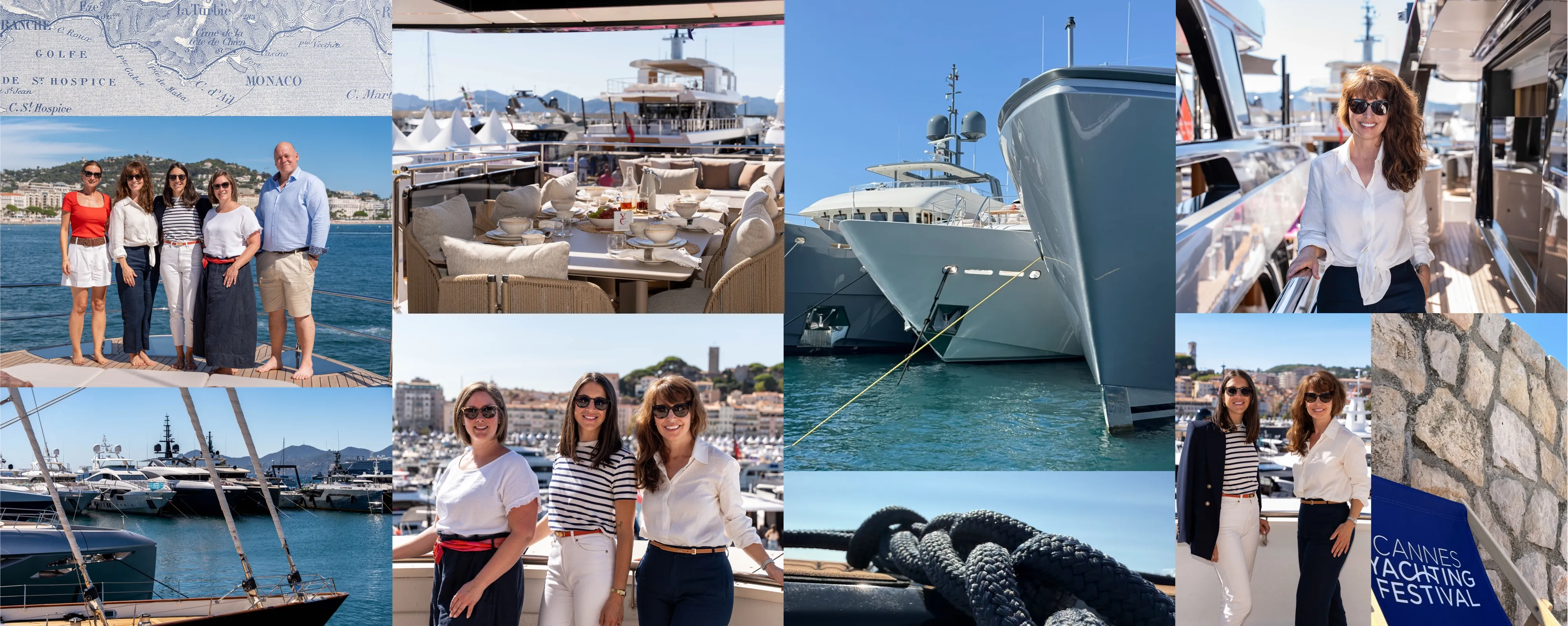 Mosaïque d'images de l'équipe et de yachts au Festival de Cannes