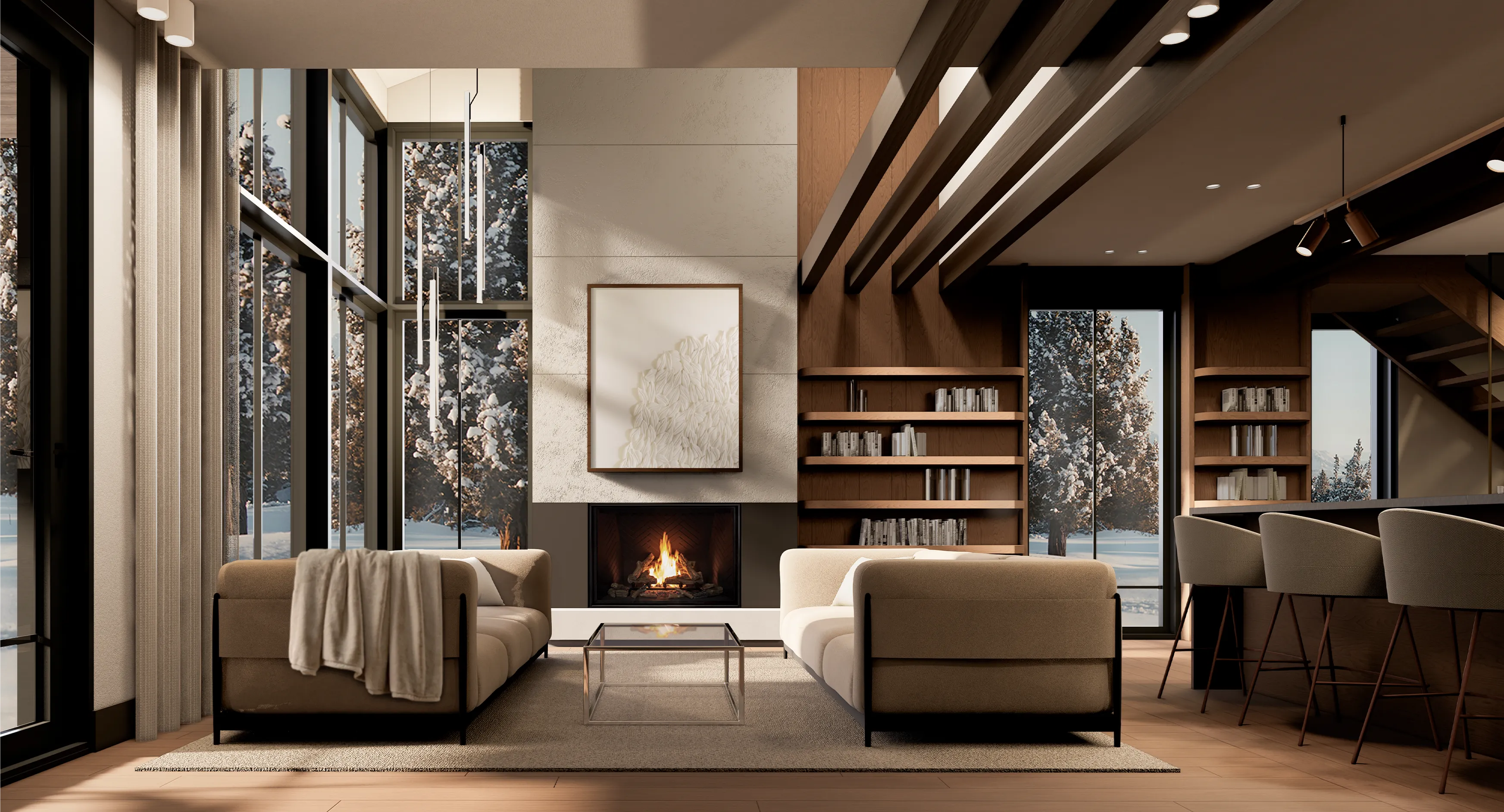 View of the living area – A refined, minimalist space that invites nature in all year round