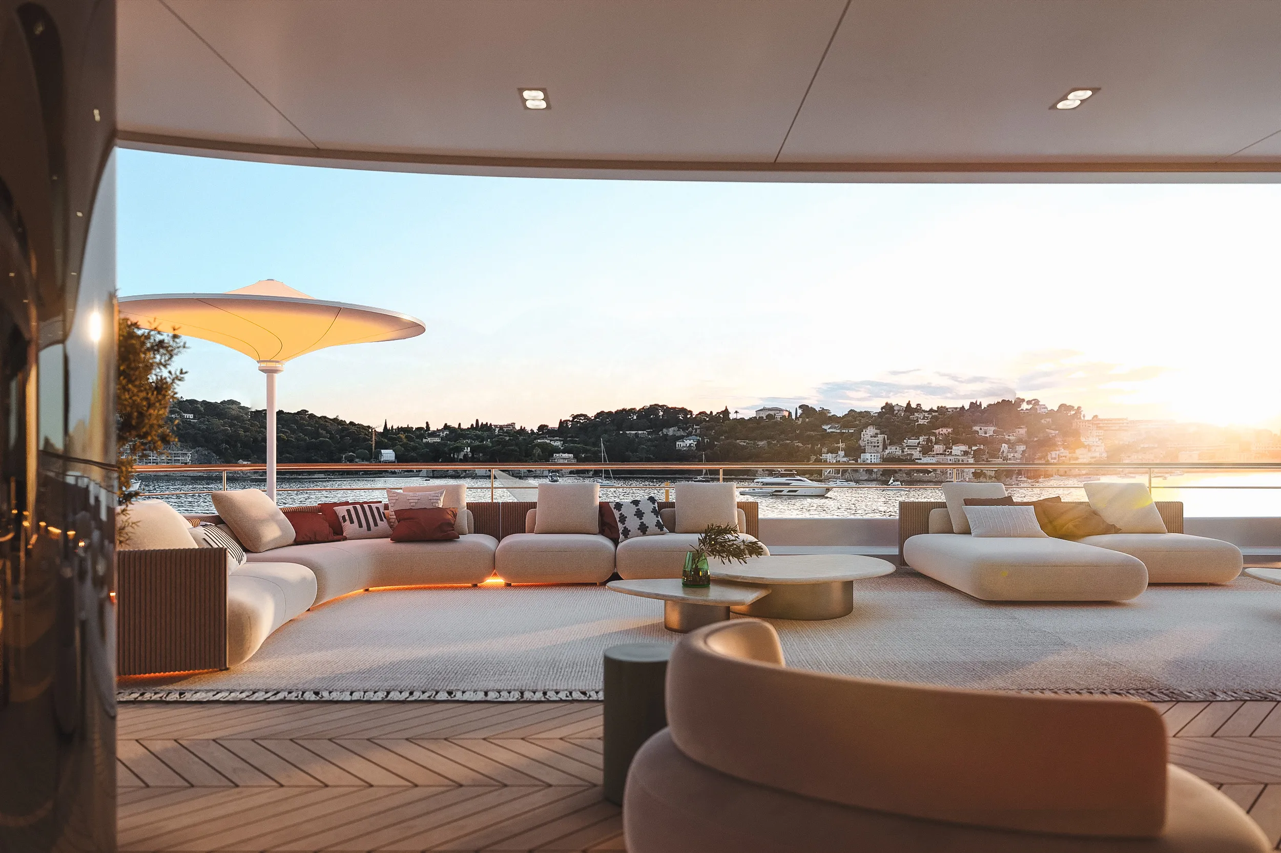 Photo of the yacht's deck with sofas