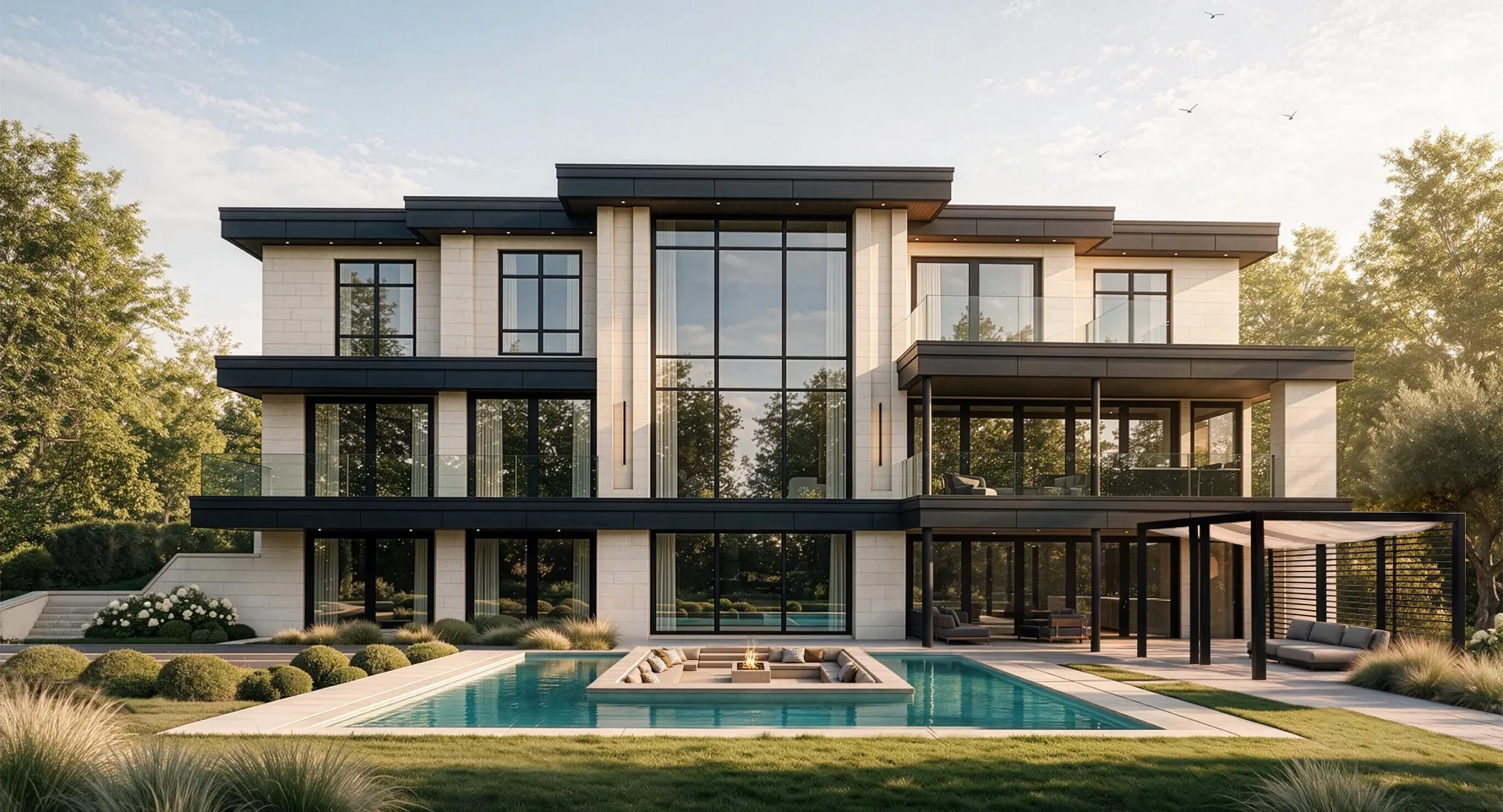 Image 3D de l'arrière de la propriété avec une piscine bordant le foyer extérieur